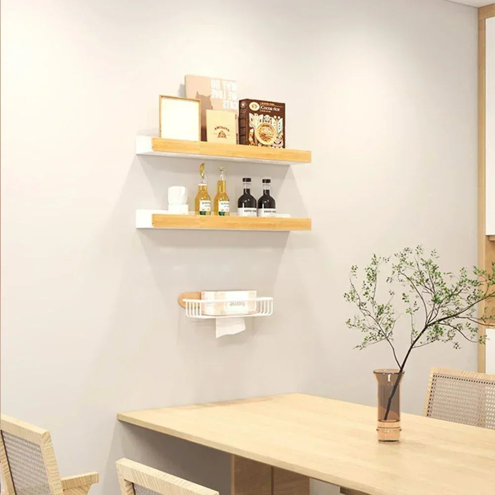 Bathroom Wood Shelf Holder Bath Shower Corner Rack Wall Mounted No Drill Shelves Organizer Kitchen Bathroom Storage Accessories