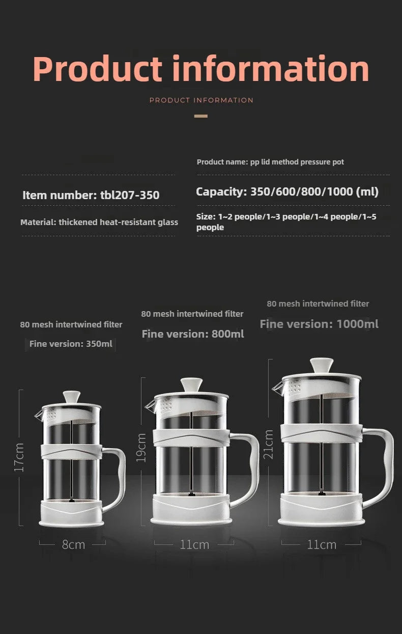 350/800/1000ml French Press Coffee Pot Multifunctional Home Hand Punch Pot Transparent Glass Coffee maker Coffee Accessories