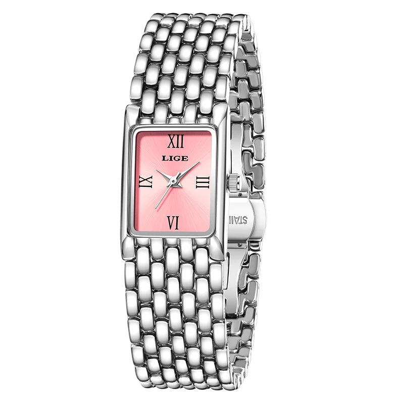 LIGE Luxury Women Watches Fashion Rectangle Woman Quartz Watch Stainless Steel Band Wristwatches Reloj Mujer+Box