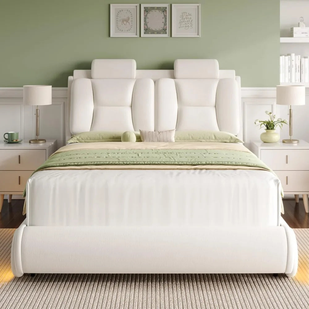 Queen Upholstered Led Bed Frame with Wheels Decor & Adjustable Curved Headboard Modern Car-Shaped Platform Bed with Detachable P