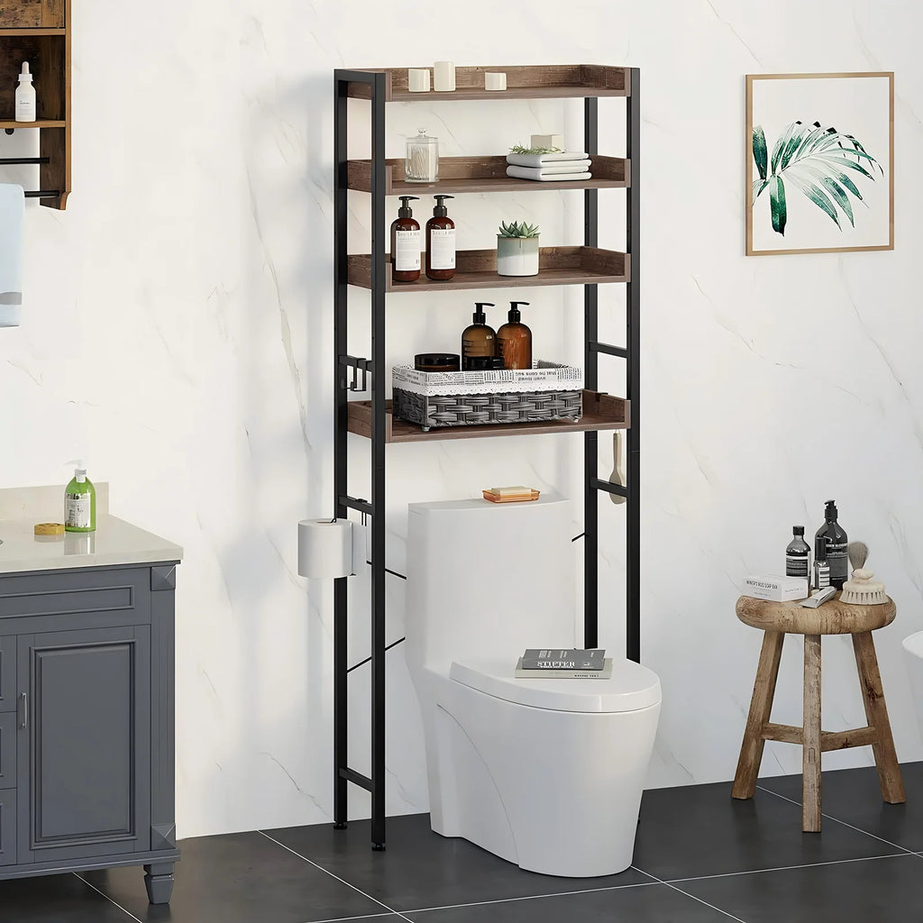 Over The Toilet Storage Rack 4-Tier Bathroom Organizer Freestanding Shelf Space Saver Toilet Stand Cabinet with 4 Hooks