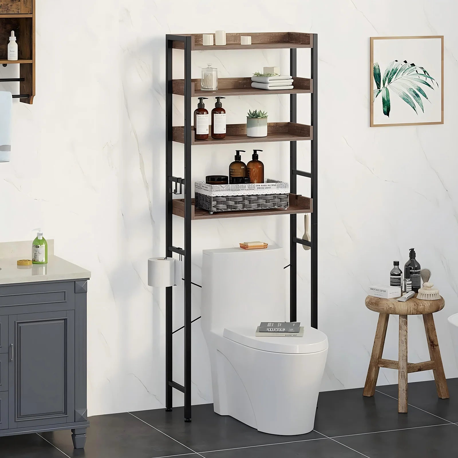 Over The Toilet Storage Rack 4-Tier Bathroom Organizer Freestanding Shelf Space Saver Toilet Stand Cabinet with 4 Hooks