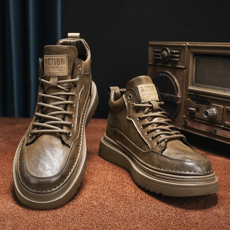 Men's shoes spring and autumn new casual board shoes leather boots solid color British leather shoes anti slip soft sole