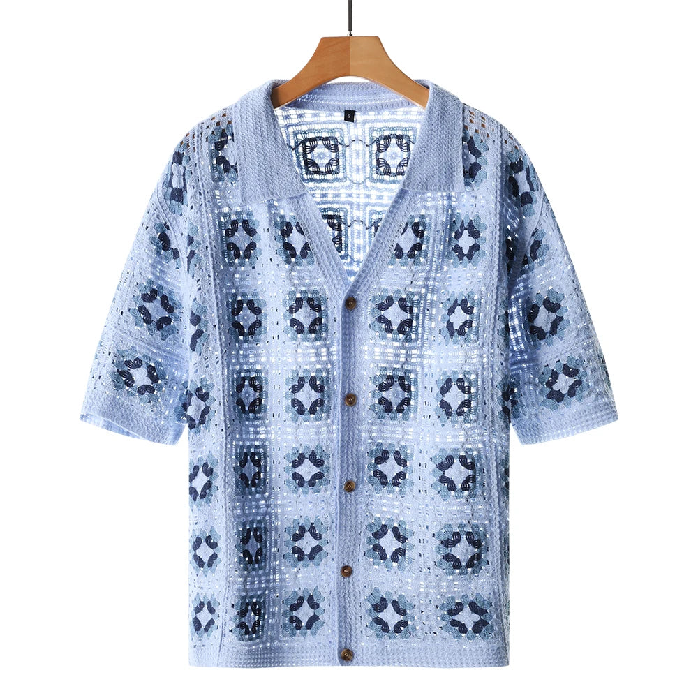 Men's Short Sleeve Summer Fashion Mesh Cardigan Lapel Top Printing Soft Breathable Light Polo Knitwear Men US Size