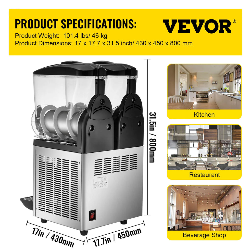 VEVOR 2x15L Commercial Slushy Machine Double Drink Dispenser Cold Juice Beverage Maker Stainless Steel for Home Bar Restaurant