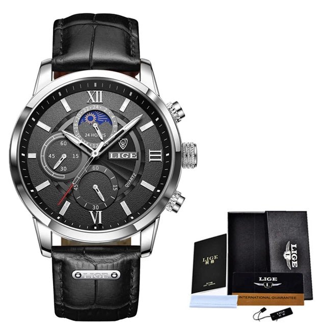 2025 New Mens Watches LIGE Top Brand Leather Chronograph Waterproof Sport Automatic Date Quartz Watch For Men Relogio Masculino