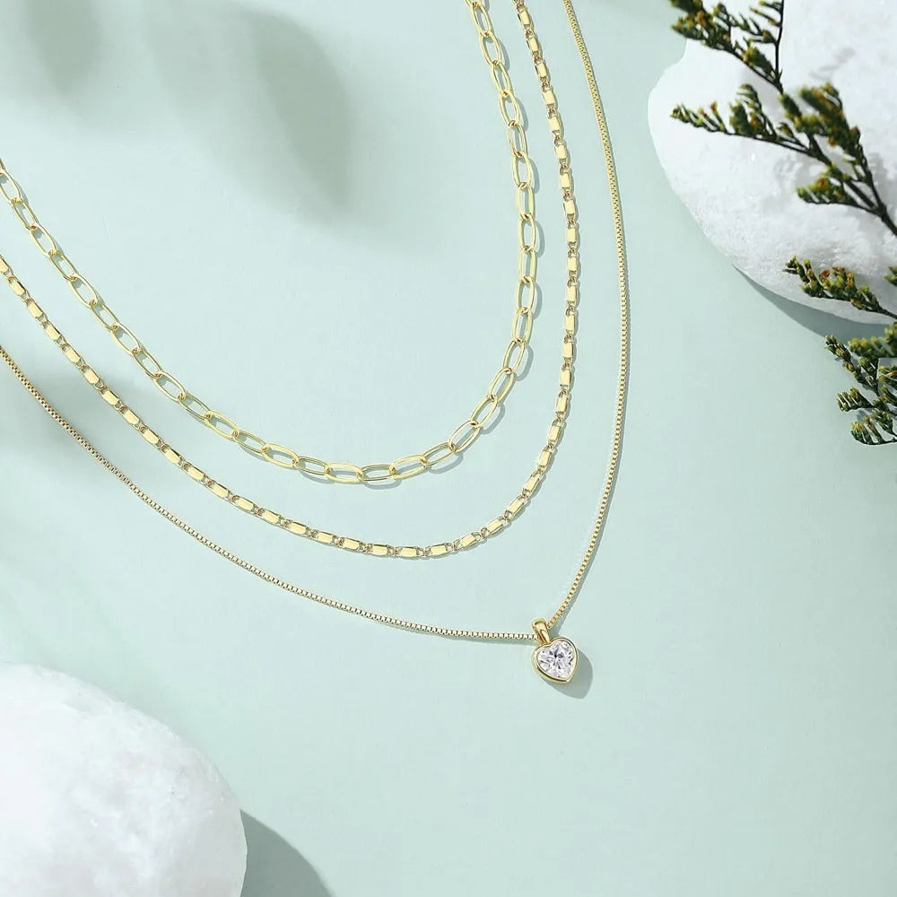 Layered Gold Necklace for Women, Trendy Stackable 14k Gold CZ Diamond Cross Pendant Necklace Jewelry, Paperclip Box Flat Necklac