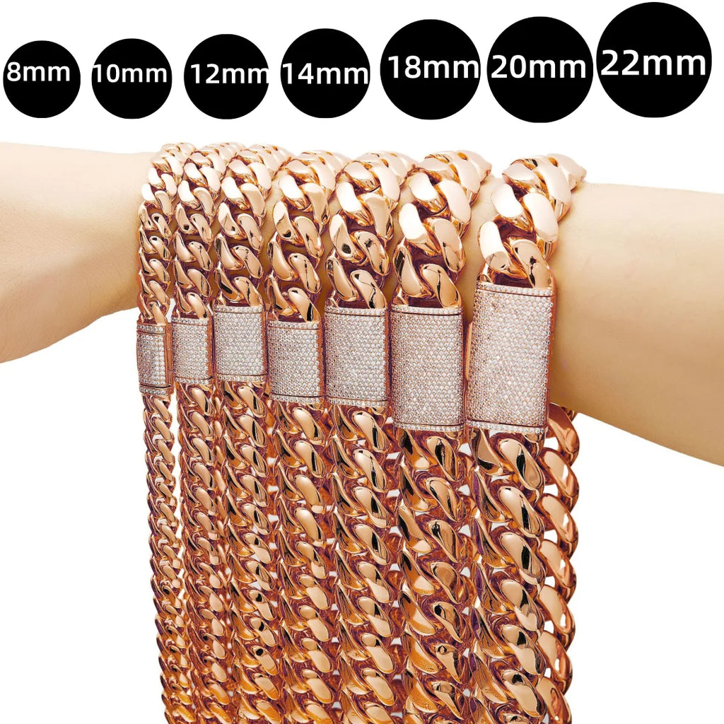 8-22mm Rose Gold  316L Stainless Steel  Cuban Miami Link Chain Iced Out CZ Box Clasp Necklace Fashion Hip Hop Unisex Jewelry