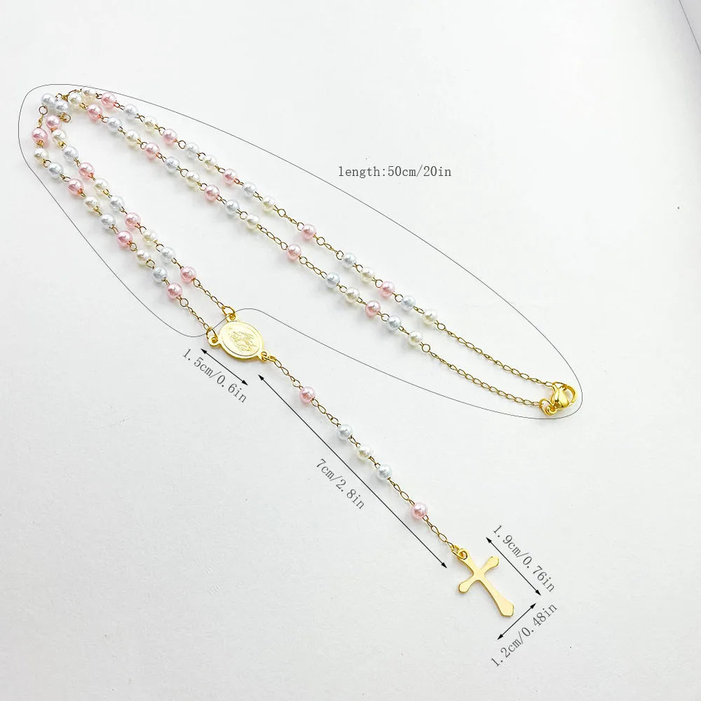 Y Shape Beads Chain Gold Color Stainless Steel Virgin Mary Cross Rosary Pendant Long Necklace Women Girls Jewelry Spiriti Pray