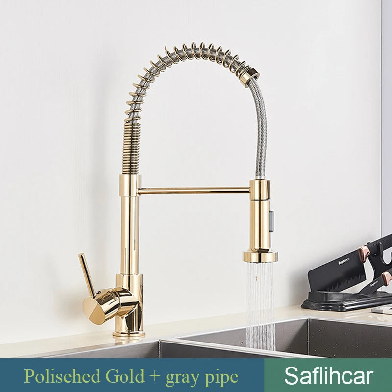 Brushed Gold Kitchen Sink Faucet Spring Pull-down Hot Cold Mixer Faucet Deck Installation Faucet
