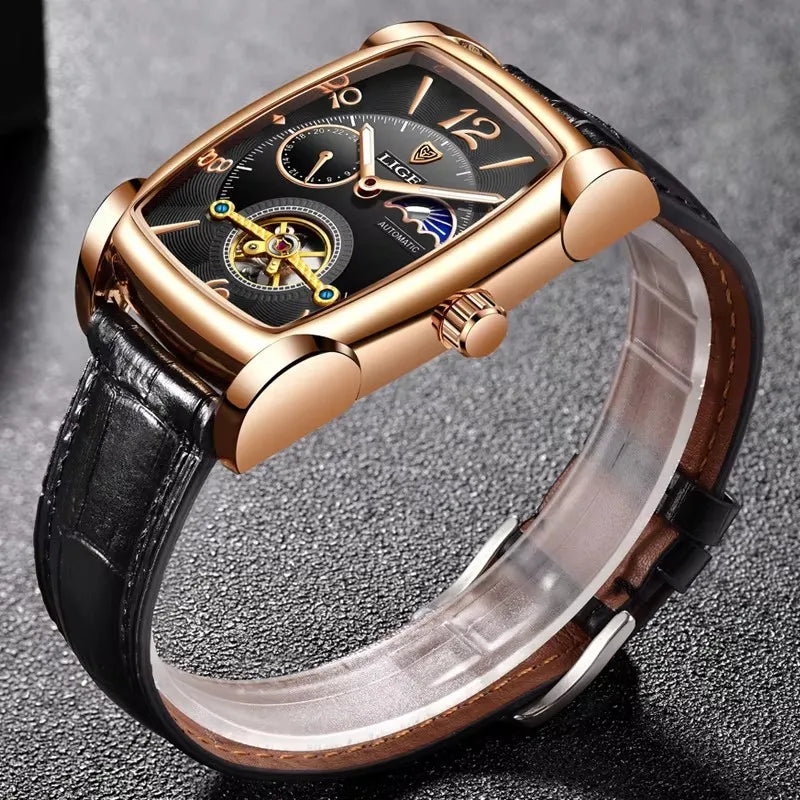 LIGE Top Brand Luxury Mens Watches Square Automatic Watch for Men Tourbillon Clock Genuine Leather Waterproof Mechanical Watch