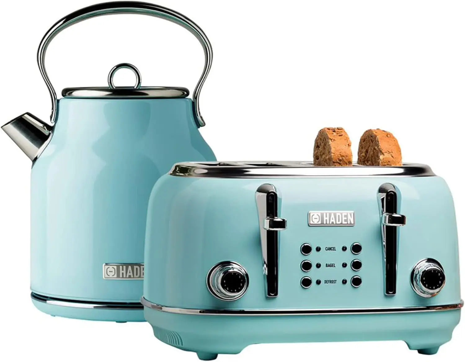 Heritage 4 Slice Wide Slot Stainless Steel Toaster Electric Water Kettle Turquoise And Chrome 1.7 Liter Kitchen Bundle