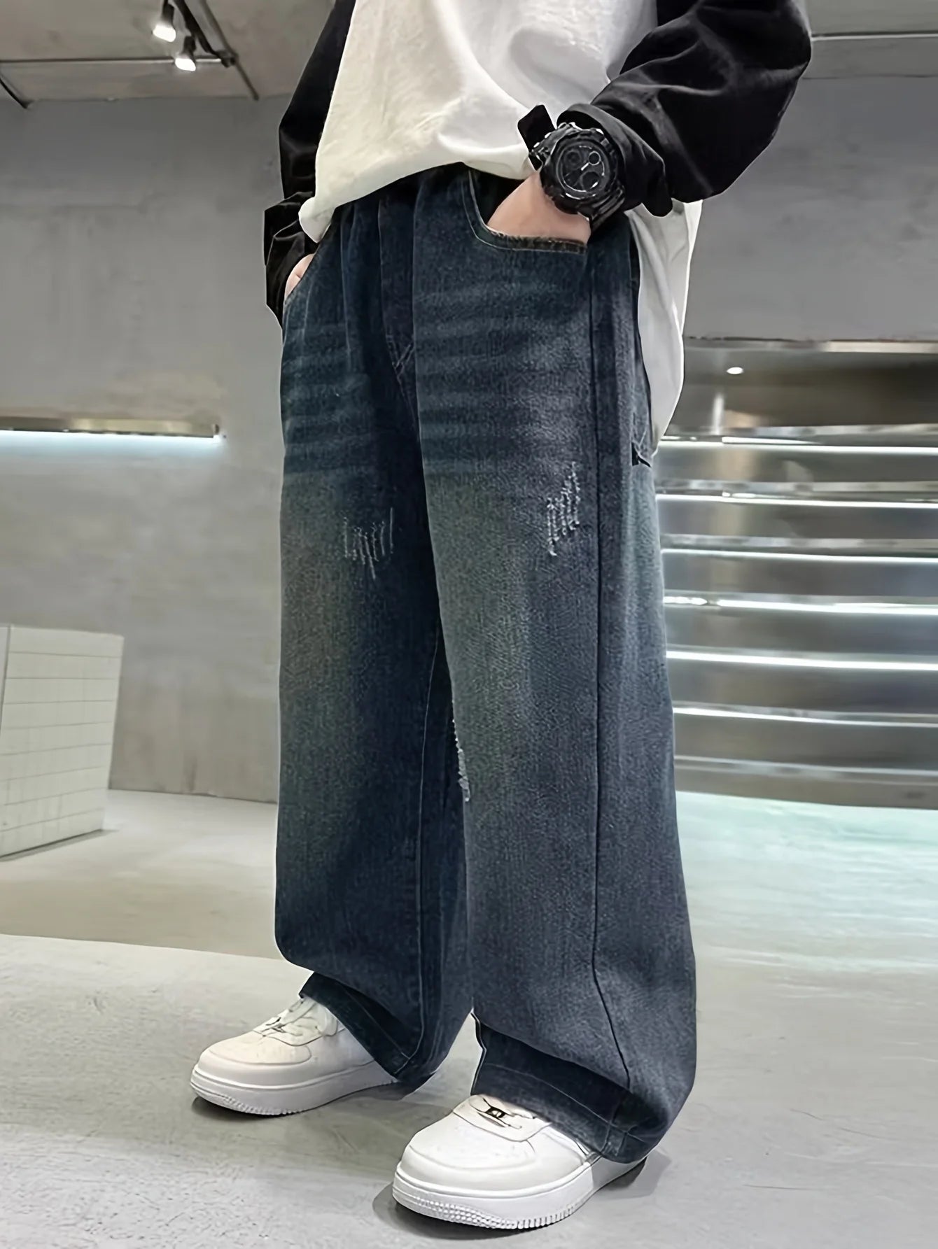 Vintage-washed gradient wide-leg straight-leg relaxed-fit preppy-style long denim jeans for teenage