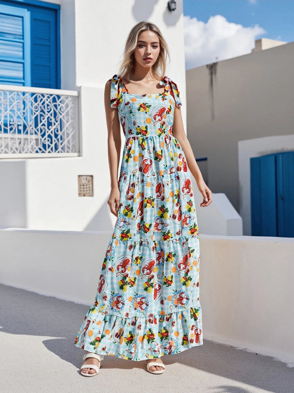 Women s Sleeveless Plaid Slip Dress with Food Print Tie-up Detail Perfect for Summer Cocktail Parties and Events