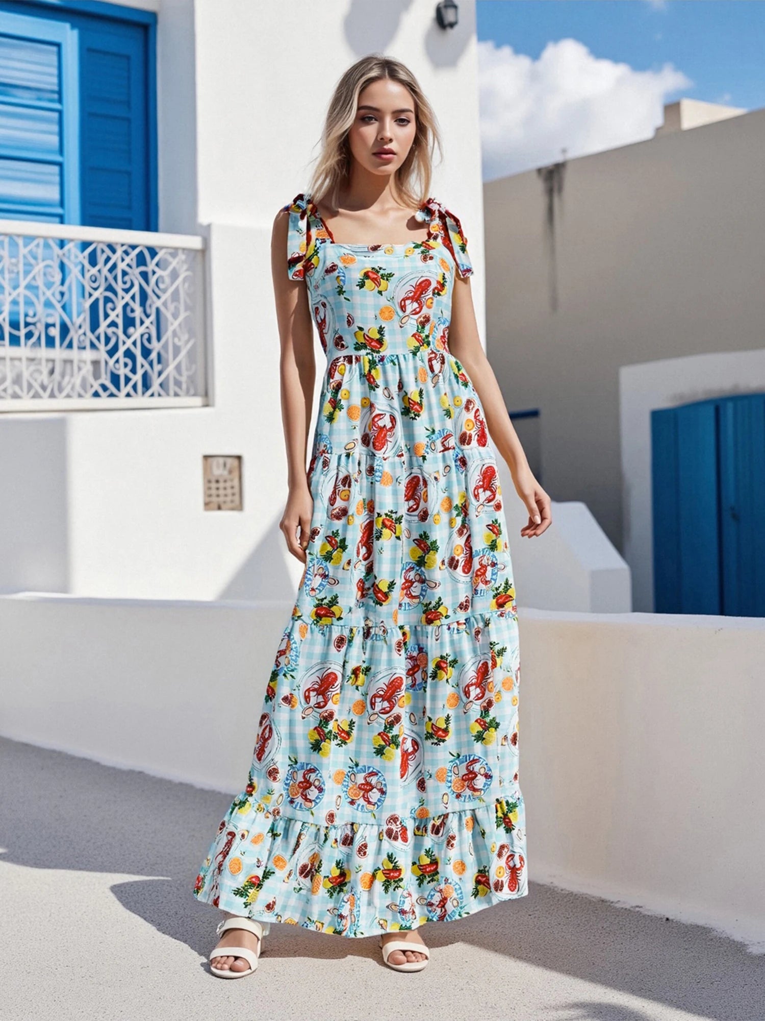 Women s Sleeveless Plaid Slip Dress with Food Print Tie-up Detail Perfect for Summer Cocktail Parties and Events