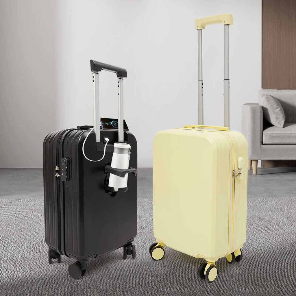 20" Carry On Luggage with Cup Holder USB Port Hard Top Handle Shell Rolling Travel Suitcase with Spinner Wheels