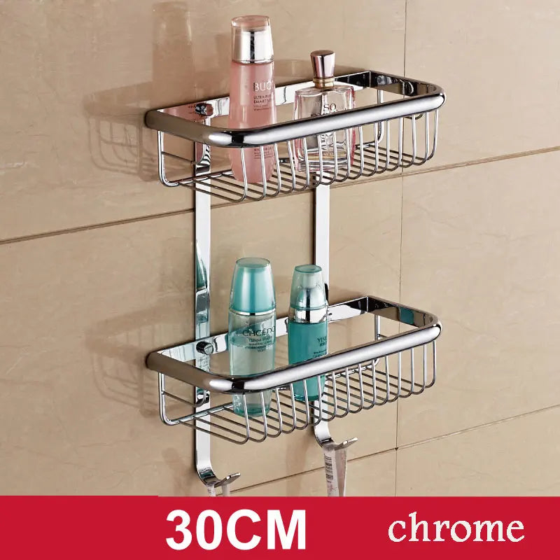 BAKALA Brass Bathroom Shelves With Robe Hook 2-Tier Bathroom Storage Basket Wall Mount Bathroom Shelf BR-6