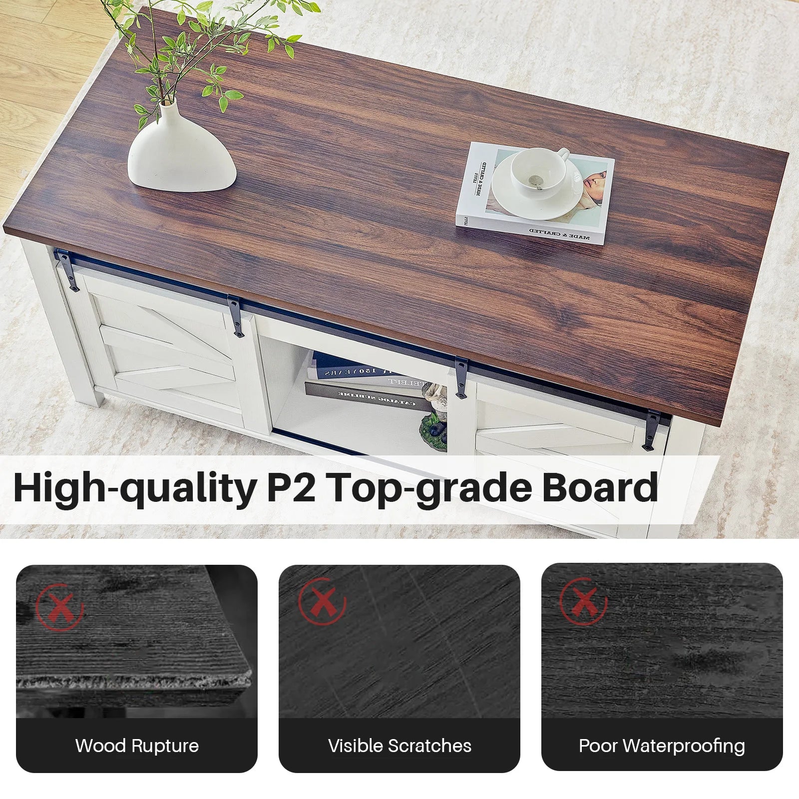 Redlife 47.2" Lift Top Coffee Table, Rustic Center Table w/ Hidden Storage Compartment  Sliding Barn Door for Living Room Office