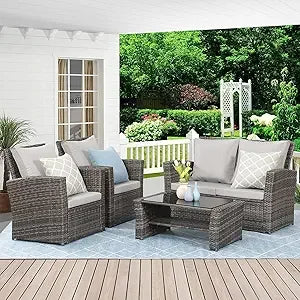 Gray Wicker Outdoor Patio Furniture Set, 4-Piece Conversation Area for Deck, Porch, with Cushioned Sofa Chairs