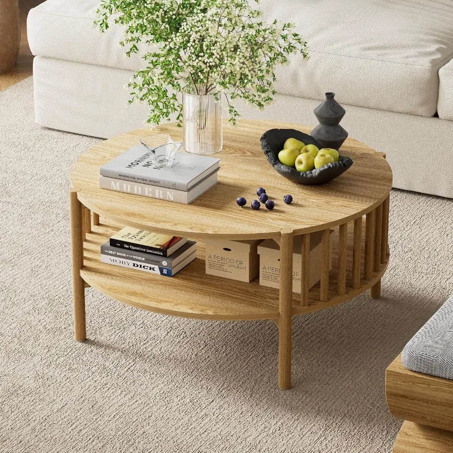 Round Coffee Table for Living Room Wood and Modern Coffee Table with Open Storage ture Oak