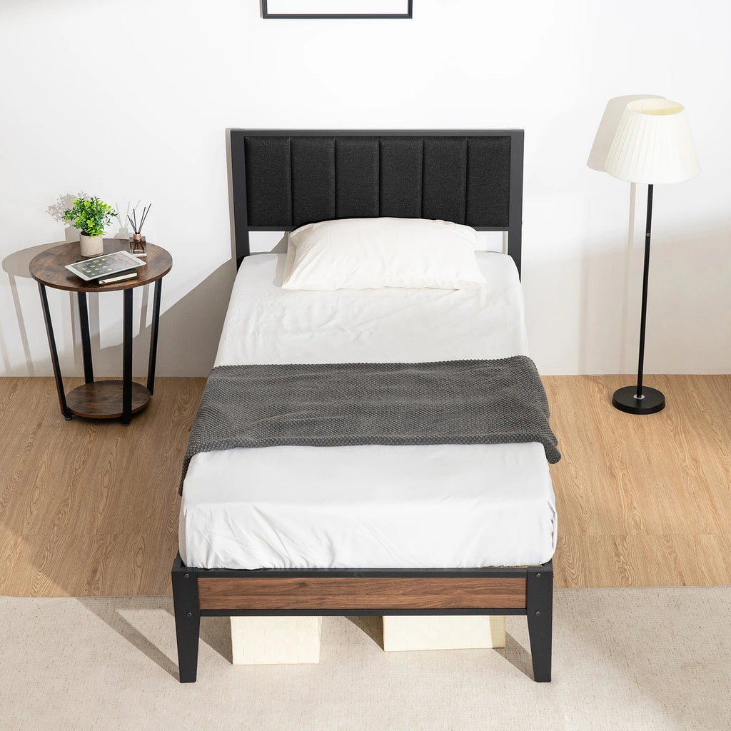 Twin/Full Bed Frame, Headboard Upholstered Bed Frame Platform, All Metal Slats Support Platform Bed Frame with Storage Space