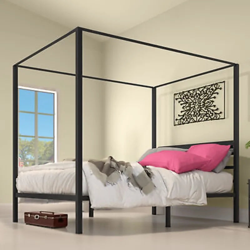 Queen Metal Canopy Bed Frame with Headboard Platform No Box Spring 14"