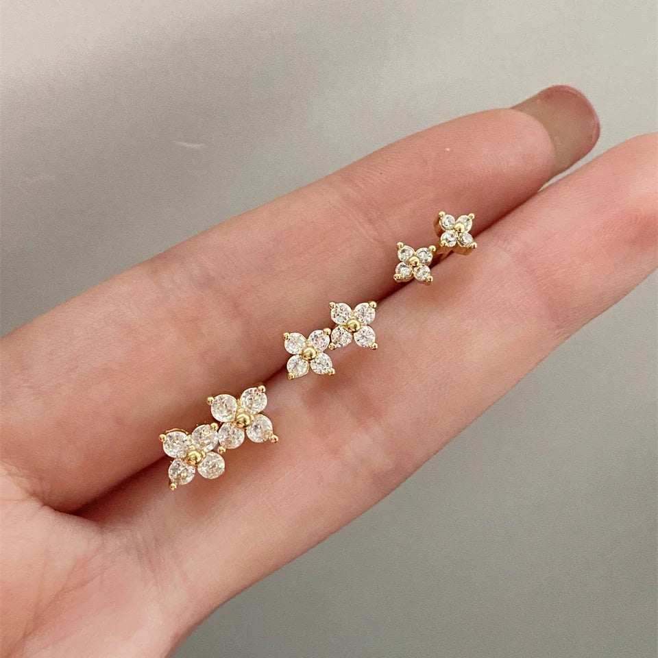 Yupsk Dainty Flower Stainless Steel Butterfly Stud Earrings for Women Cartilage Ear Ring Cute Zircon Gold Color Clover Jewelry