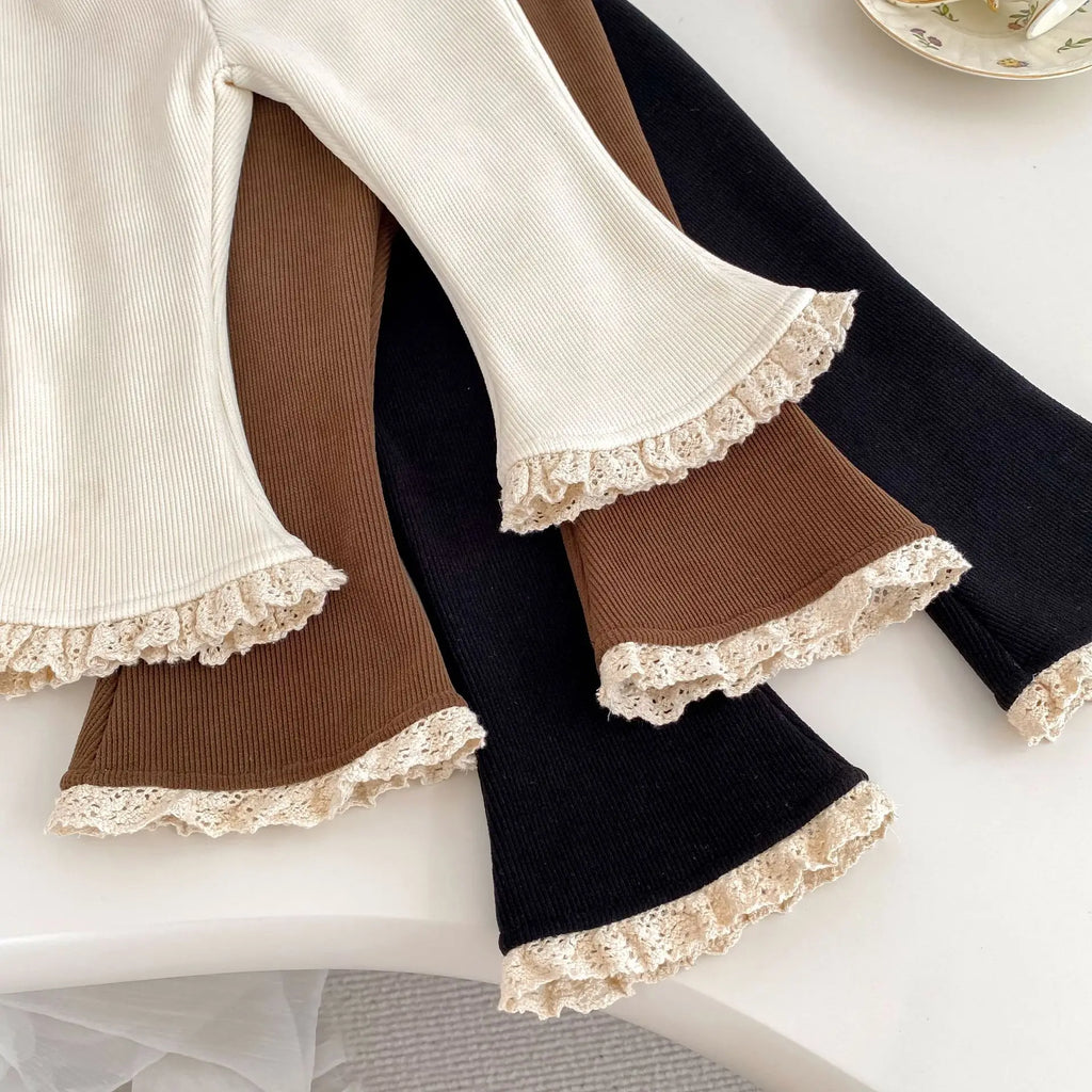 2025 Autumn Collection Girls' Velvet Bellbottom Pants with Western Style Lace Pants, Versatile Warm Baby Girls' Casual Pants