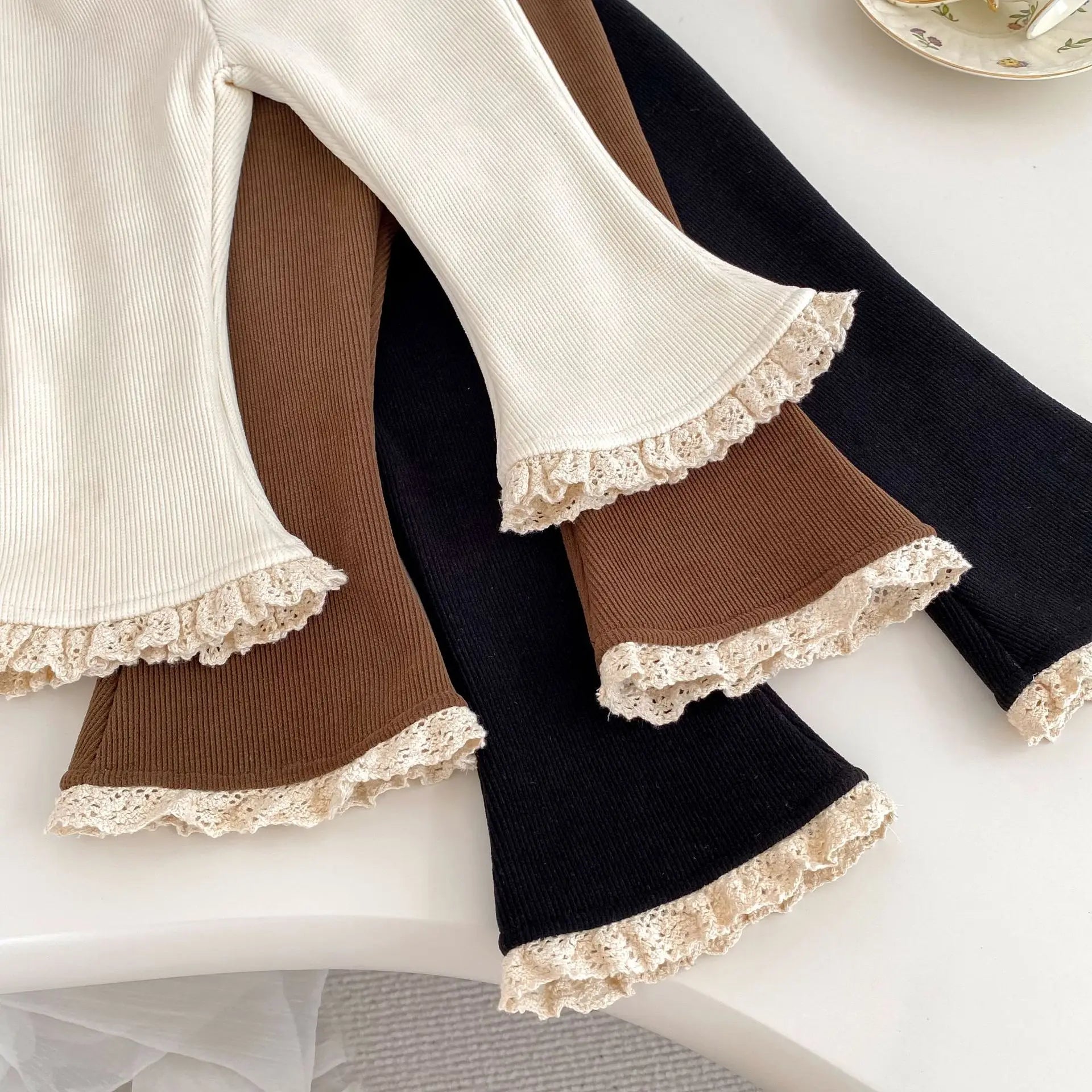 2025 Autumn Collection Girls' Velvet Bellbottom Pants with Western Style Lace Pants, Versatile Warm Baby Girls' Casual Pants