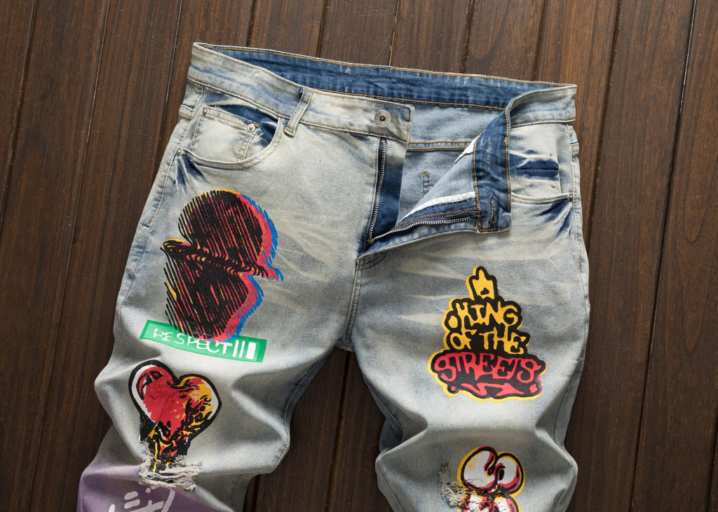 Men's street casual printed versatile fashionable slim fit straight hole vintage jeans