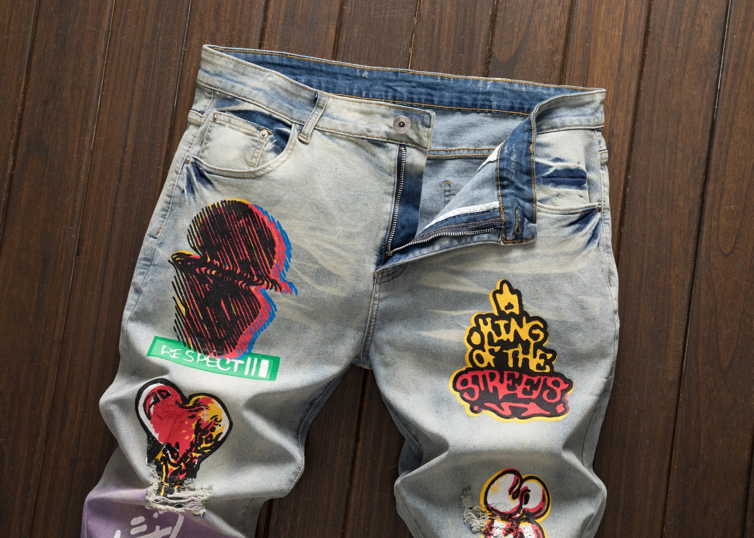Men's street casual printed versatile fashionable slim fit straight hole vintage jeans