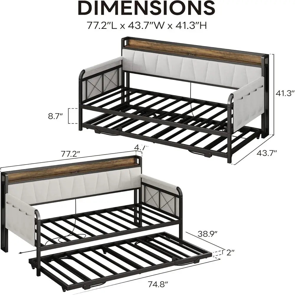 LIKIMIO Daybed with Trundle Bed, Bed Frame with Storage Headboard & USB Charging Station, Sofa Bed with Strong Support for Room