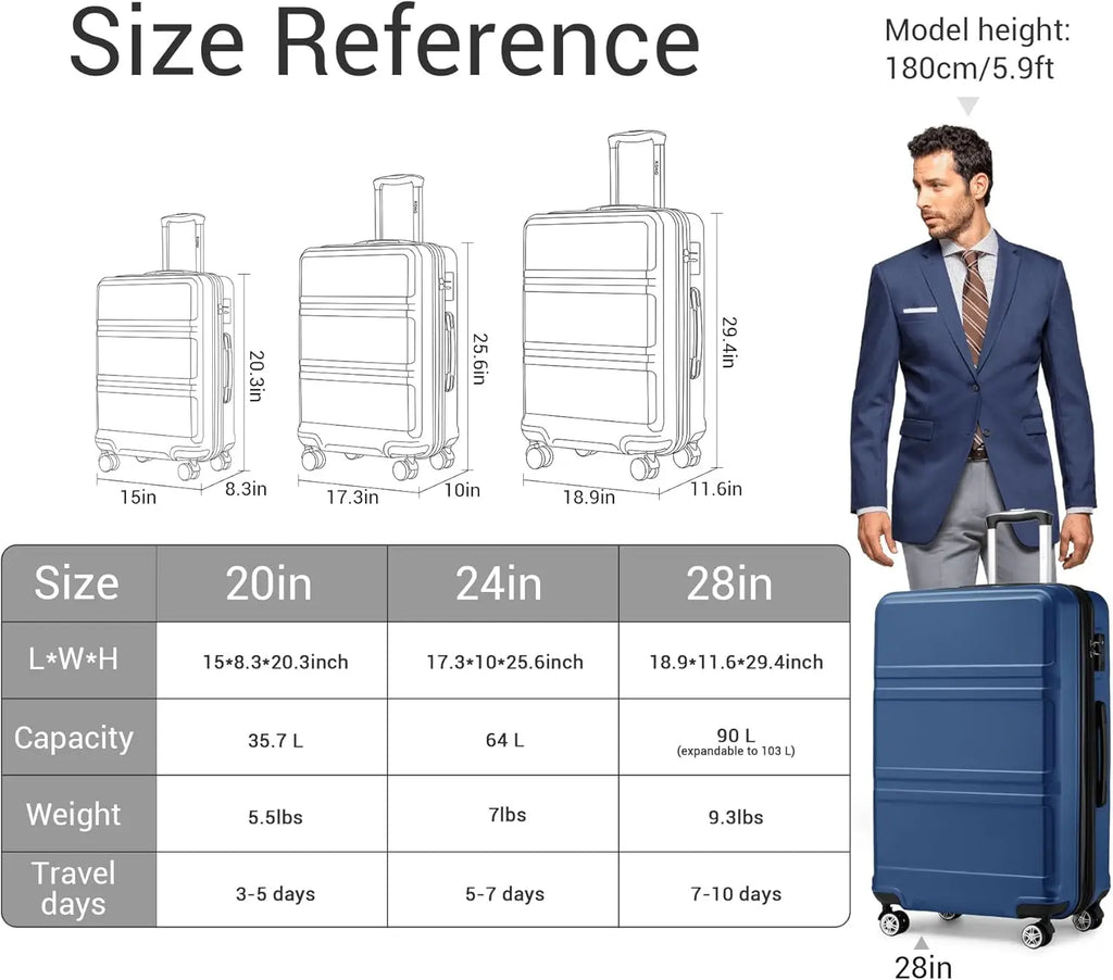 Kono 3 Piece Luggage Sets Expandable(only 28") Lightweight with Spinner Wheels TSA Lock Hardside Travel Rolling Suitcases