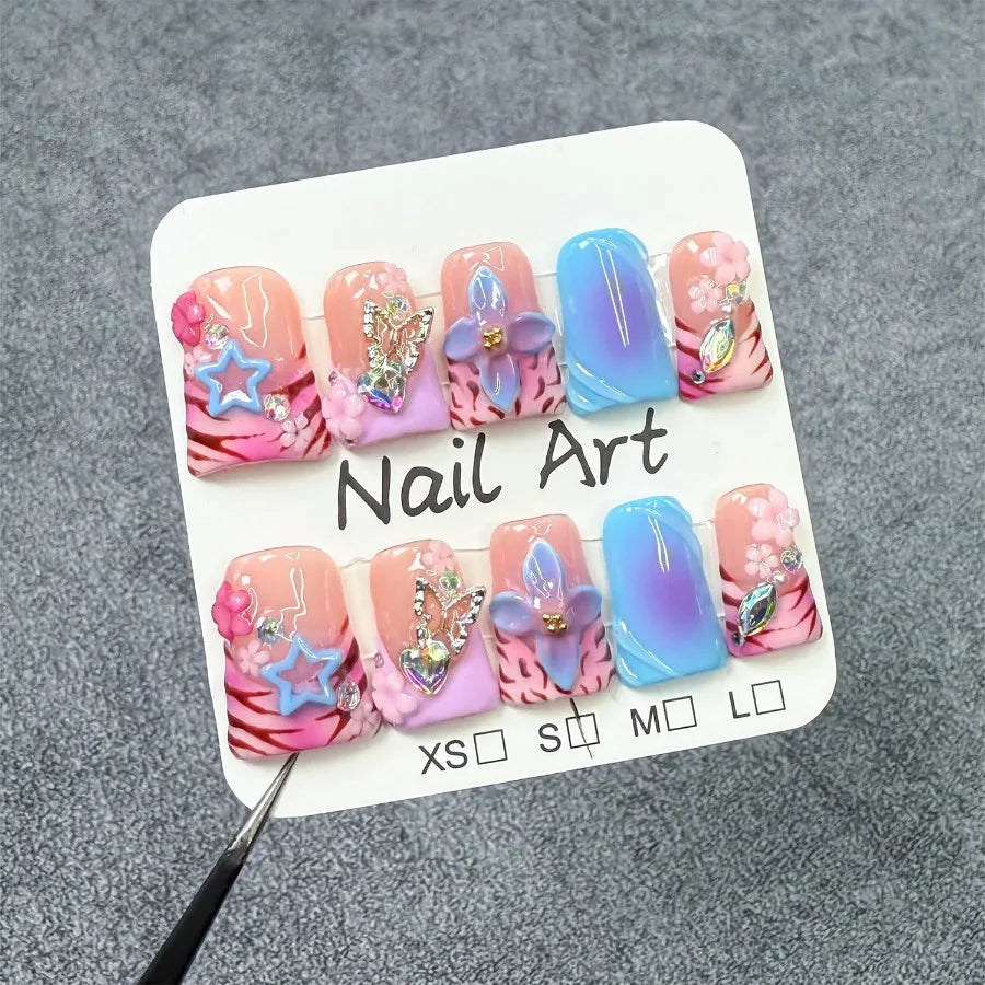 Thick Press on Nails Handmade Medium Duck Nails Pink Fake Nails 3D Flower Art False Nail with Gems Design Luxury Rhinestone Nat