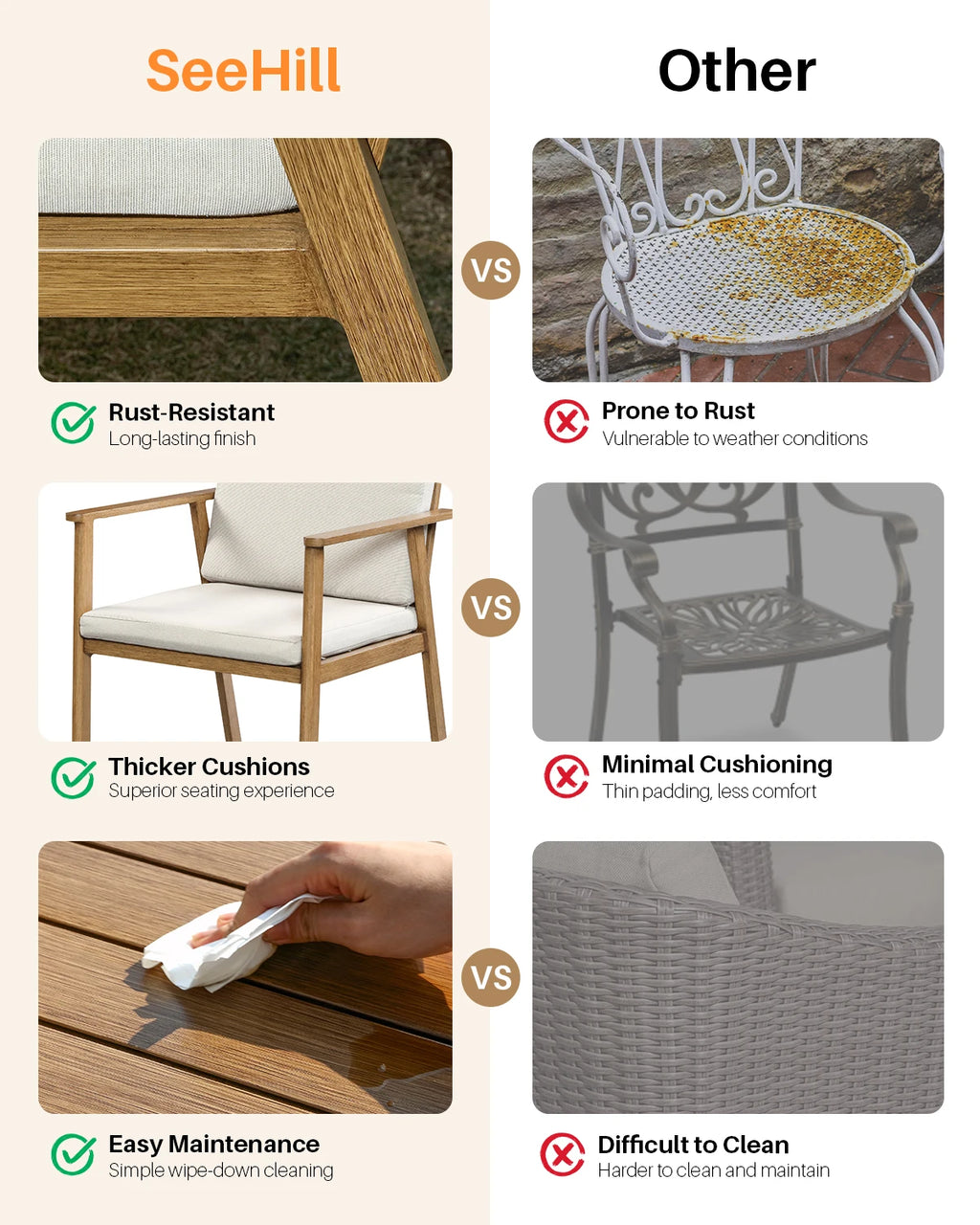 SeeHill 7 Pieces Patio Dining Set for 6, Outdoor Aluminum Dining Patio Table Furniture Set with Umbrella Hole for Garden, Teak