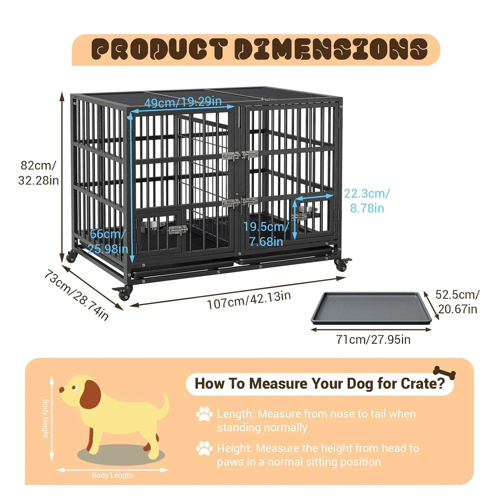 Heavy Duty Dog Crate Large Metal Dog Kennel with Roof Top 2 Door Dog Cage House with Removable Tray and Wheels for Large Dogs