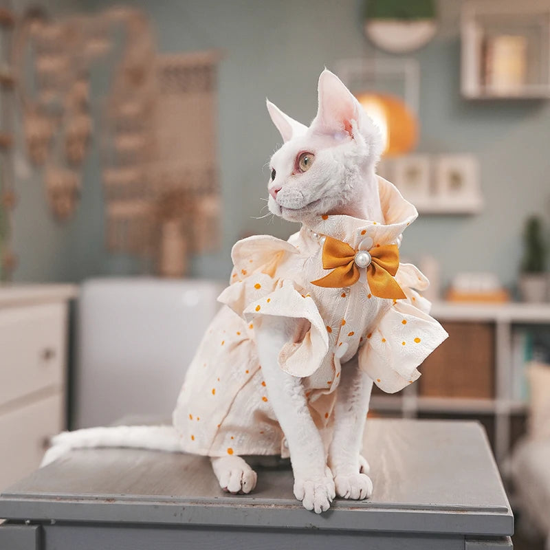 Luxury Lotus Cat Dress with Bow-tie Sphynx Cat Devon Rex Conis Cat Costume Kitten Outfits Sphynx Cat Dress Hairless Cat Clothing
