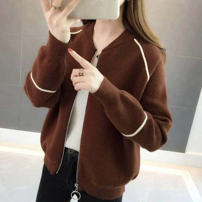 Sweater Jacket for Women Spring Clothes Loose Short Zipper Knitted Cardigan with Thick Top