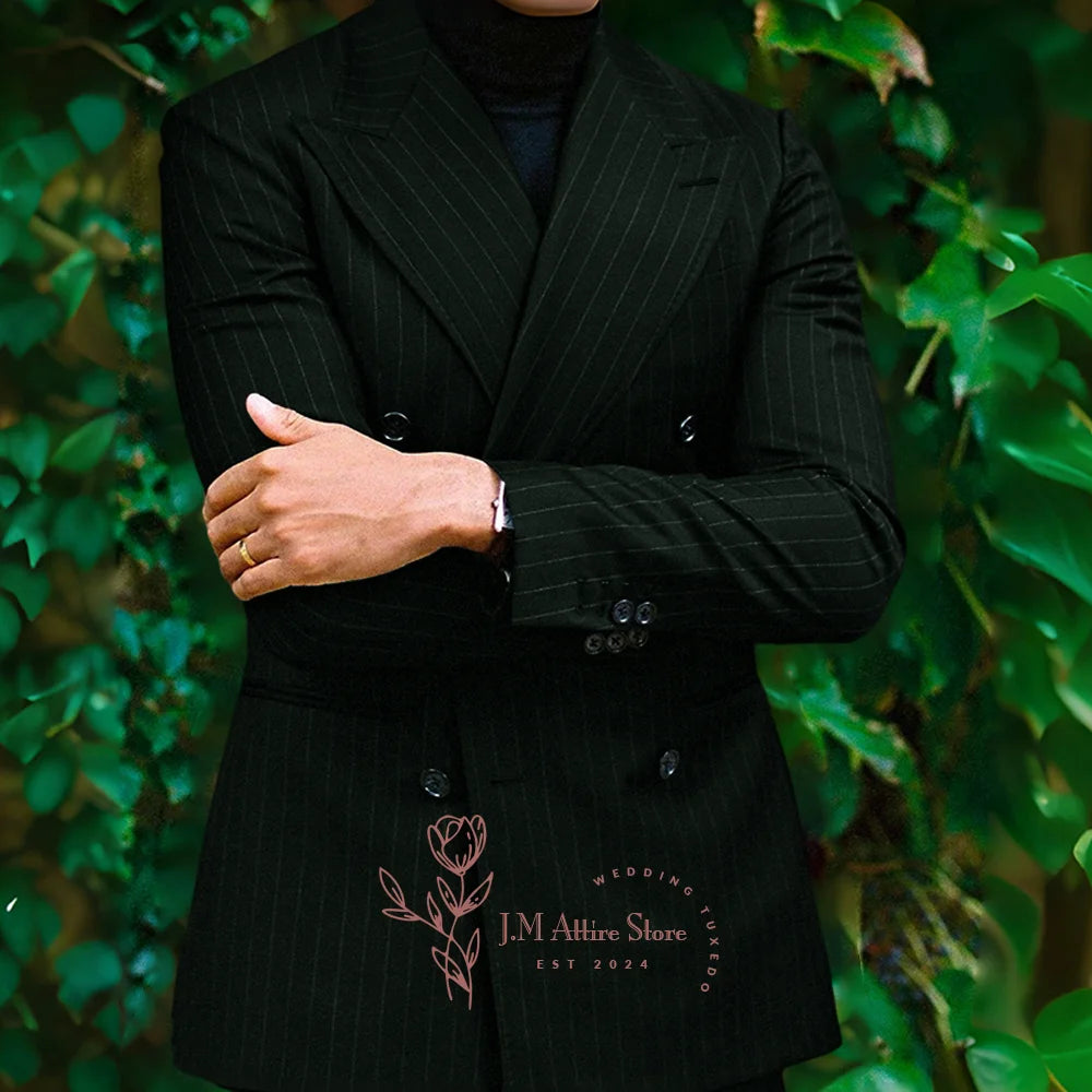 Men formal suit 2-piece set blue striped peak lapel double breasted jacket pants for wedding meeting dinner party custom tuxedo