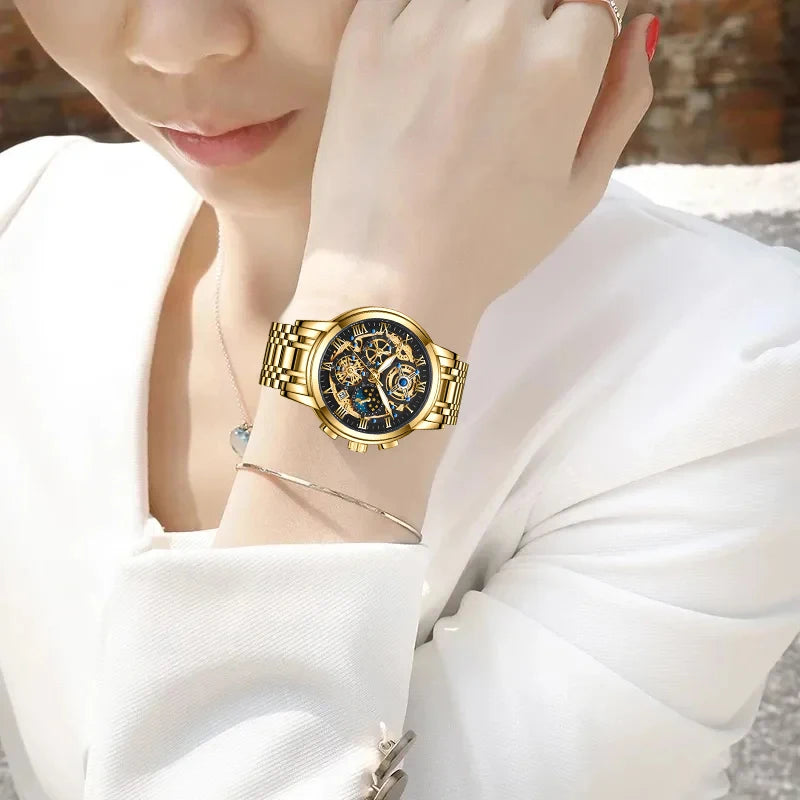 LIGE 2024 New Fashion Gold Women Watch Top Brand Luxury Waterproof Watches for Women Sport Quartz Chronograph Relogio Feminino