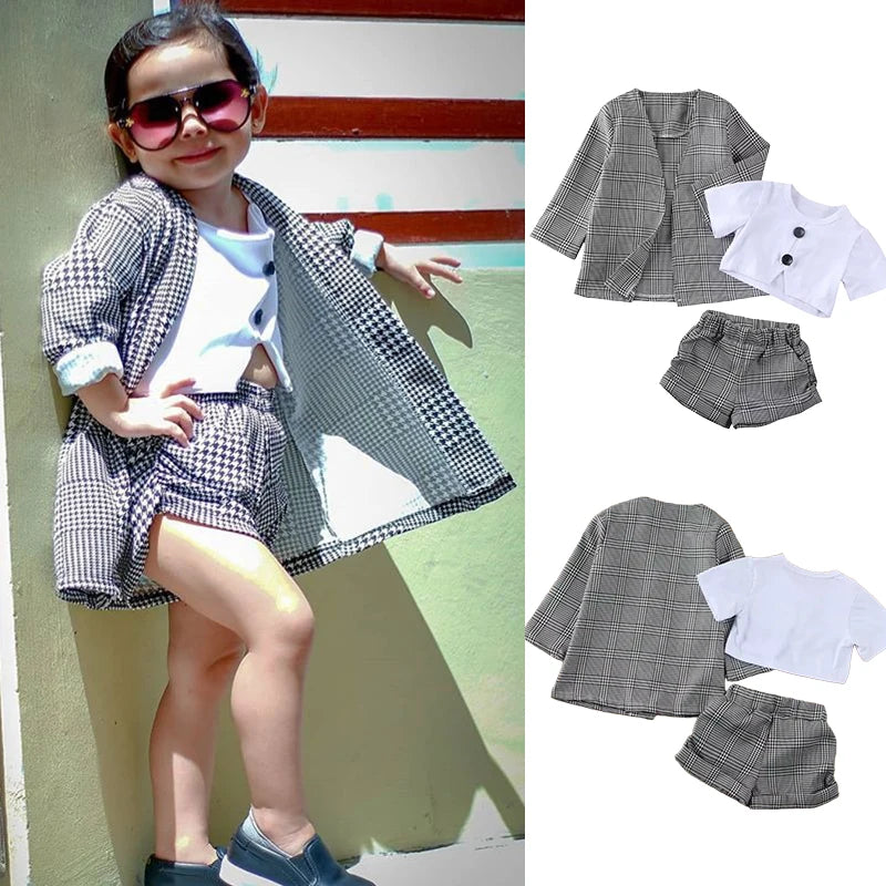 Baby Girls Clothes Sets Infant Toddler White Top T-Shirt+Grey Checkered Suit+Short 3PCS Costumes For Girls 2025 Girls Outfit Set