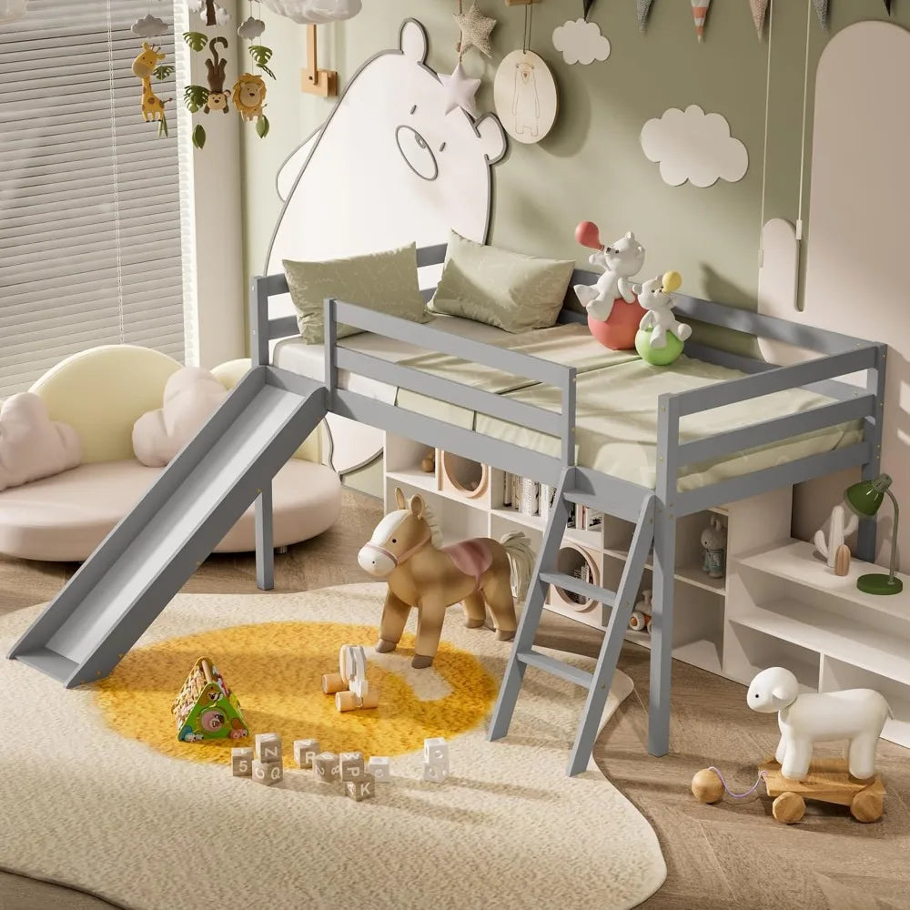 low loft bed with slide, wood twin loft bed frame with climbing ladder & storage space for kids toddler (grey)