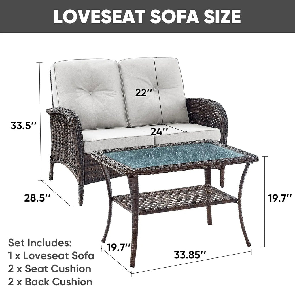 Outdoor Loveseat Sofa 2-Seat PE Wicker Outdoor Couch with Coffee Table, Deep Seat High Back Patio Furniture for Patio, Garden, P
