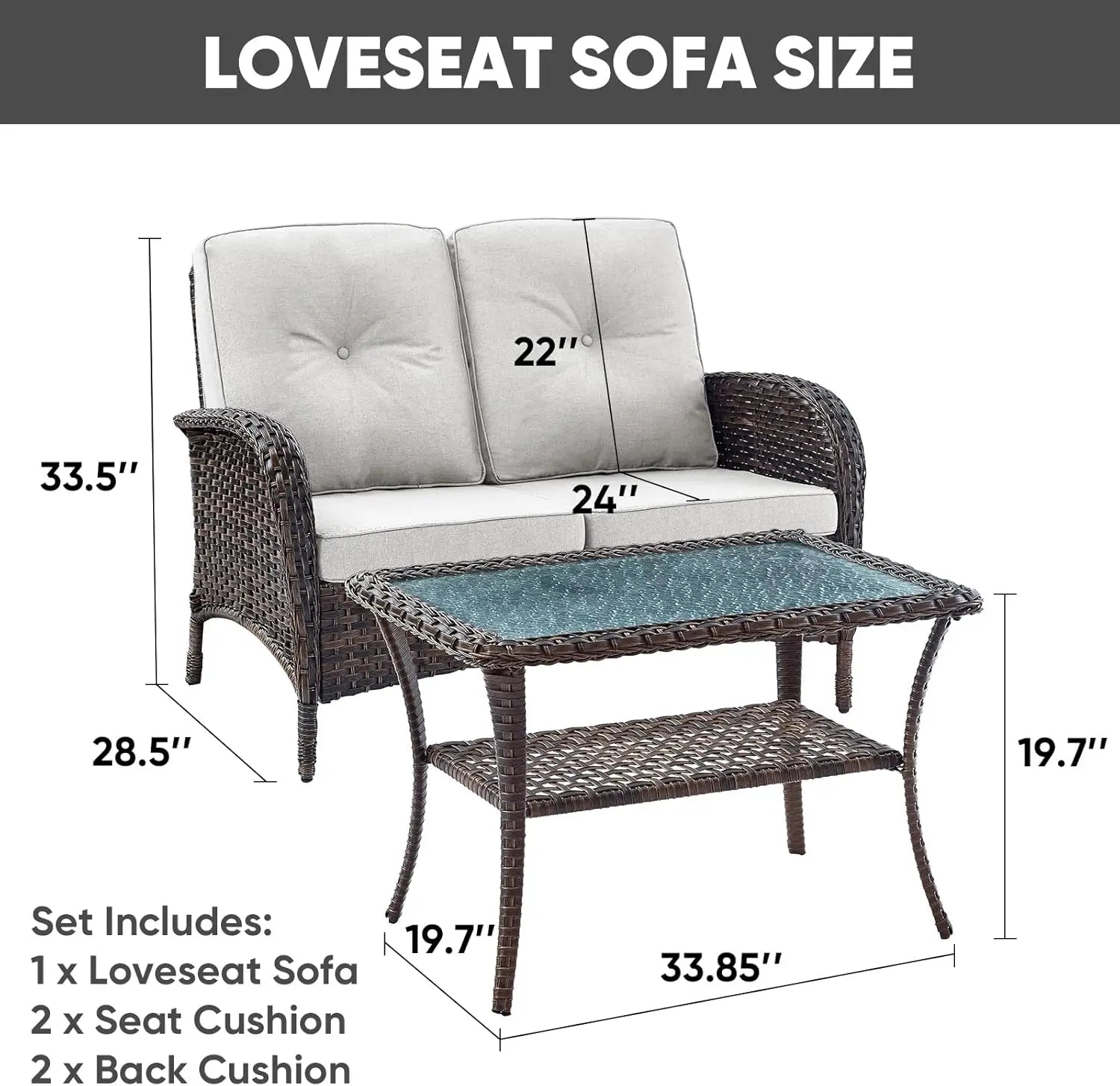 Outdoor Loveseat Sofa 2-Seat PE Wicker Outdoor Couch with Coffee Table, Deep Seat High Back Patio Furniture for Patio, Garden, P