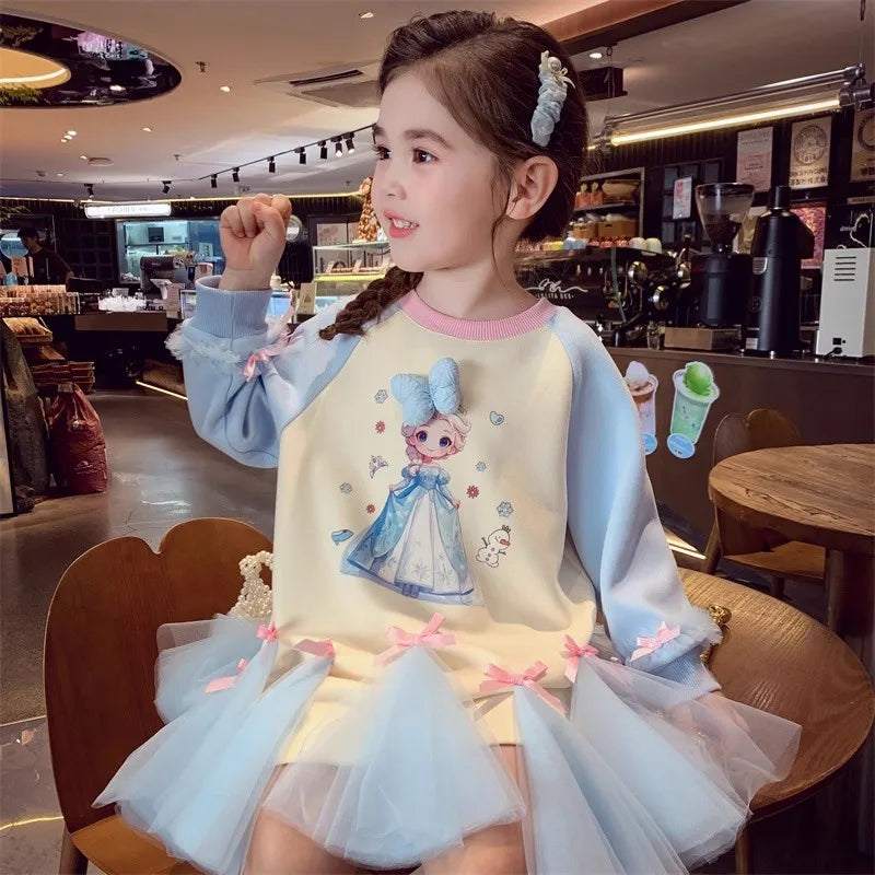 Girl's Fall/Winter Sweatshirt Long Sleeve Princess Elsa Snow White Cartoon Print Tulle Skirt Casual Hoodie Dress 2-12 Years Old