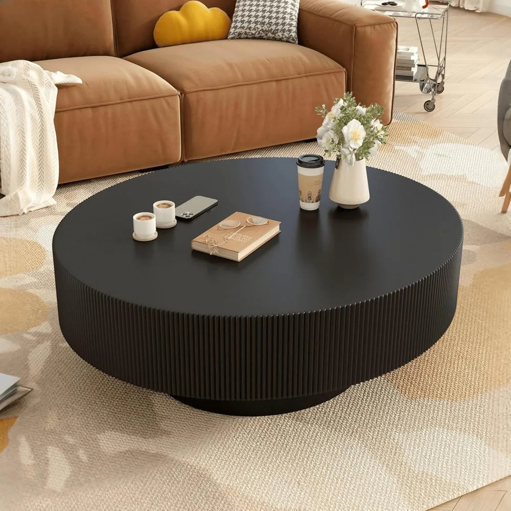 31 inch modern round coffee table with sturdy base, wood center tables for living room reception room, easy assemble, black