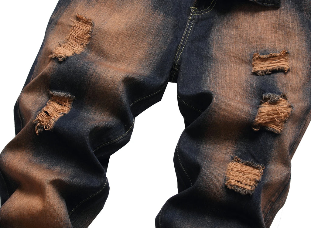 Men's Classic Retro Slim Fit Jeans with Holes; Men's Ripped Denim Pants; Men's Gradient Casual Pants LY051