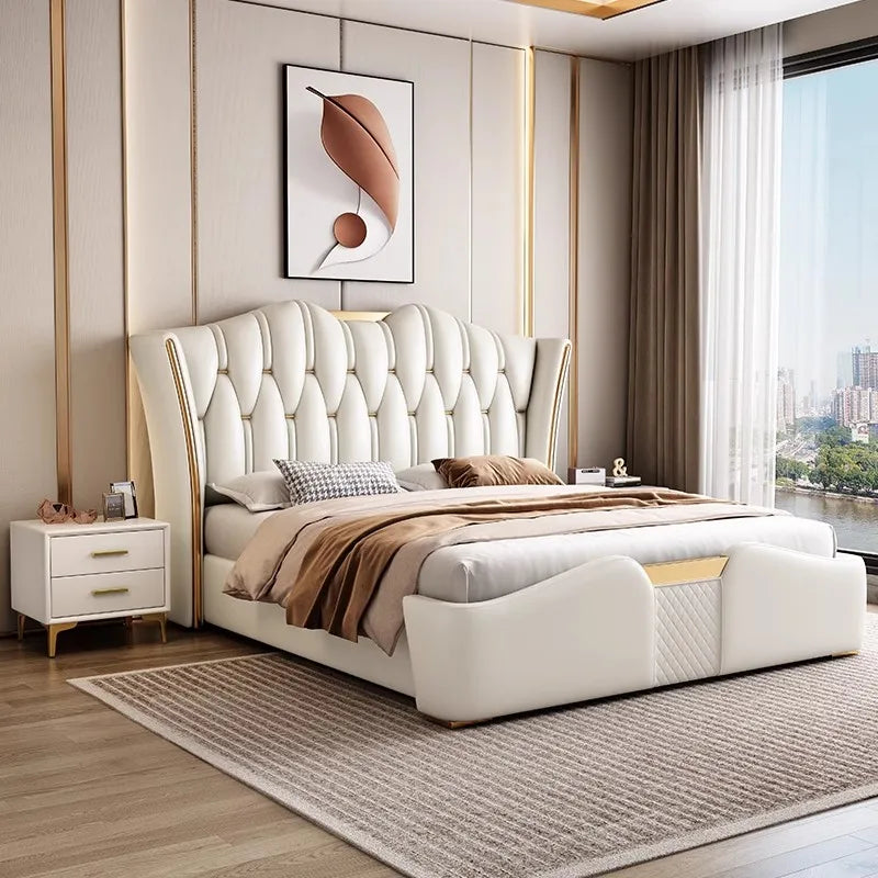 Linlamlim Luxury Modern Upholstered Bed Frame with Gold Accents, Genuine Leather Designer Bed, Queen/King Size Bedroom Furniture