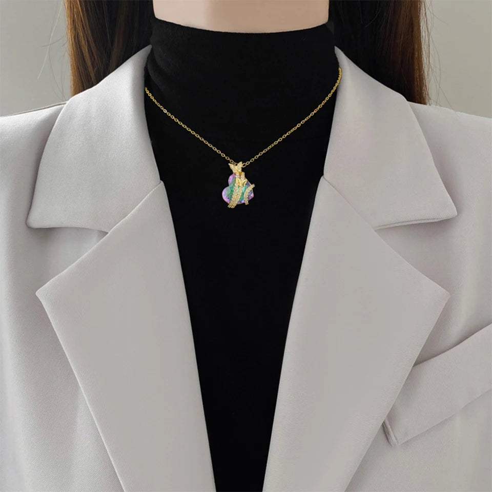 ZAKOL Gorgeous Colorful Zircon Love Heart Pendant Necklace For Women Fashion Stainless Steel Neck Chain Jewelry Gift