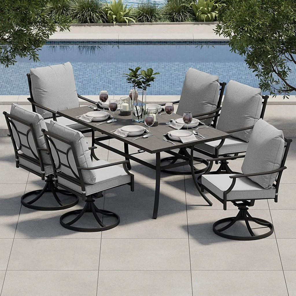 7-Piece Patio Dining Set for 6, Outdoor Swivel Chairs with Olefin Cushions &  Black Rectangular Faux Woodgrain Dining Table